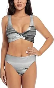 [JEJEA] Grey Zen Stones Picture Print Women Swimsuit, Women'S High-Waisted Bikini Set, Two-Piece Sport Bathing Suits, Black, XXL