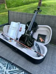 Black SparkleFull-Size 4/4 Violin with Preset Bridge, Case, Bow, Rosin & More