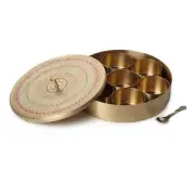 Brass Masala Spice Box For Kitchen with Embossed Lid 7 Containers Size 8x2 inch