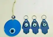 Gift Set of 4---1 wall hanging EvilEye Fusion Art+ 3 Keychain EvilEye Leather