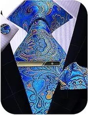 Mens Tie Pocket Square Cufflinks Tie Bar Set, Silk Woven Necktie with Hanky Clip ROBERTO GABBANI