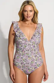 Lands' End Plus Size Pique Ruffle One Piece Swimsuit in White Multi Ditsy Floral at Nordstrom, Size 16W
