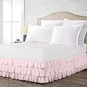 Bed Skirt - 100% Cotton 400 Thread Count Multi-Ruffle Bed Skirt - Luxury Multi Ruffle Bed Skirt Elastic Dust Ruffles with Wrap Around Bed Skirt 18" Drop, King XL, Pink