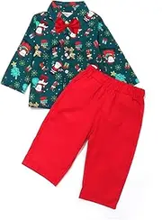 [Generic] New Born Boy Xmas Child Toddler Baby Boys Cartoon Long Sleeve Gentleman Shirt Tops Solid Pants Trousers Christmas Outfit Set 2PCS Clothes Toddler Boys Sweatpants Hoodie (Green, 12-18 Months)