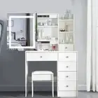 LED Mirror And Stool Vanity Makeup Set Dressing Table With 6 Drawers,White