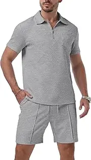 [QIXING] Men's Tracksuit Men's 1/4 Zip Polo Shirt & Shorts 2 Pieces Summer Outfits Suit, gray, Large