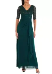 B&A By Betsy & Adam Sequin Lace V-Neck 3/4 Sleeve Gown Peacock 14P New With Tags