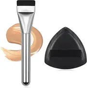 Flat Foundation Brush for Liquid Makeup, with Powder Puff Fast Flawless Flat Top Kabuki Makeup Brushes Face Cosmetics Concealer Brush for Liquid, Blending, Powder, Cream, Blush, Buffing Silver