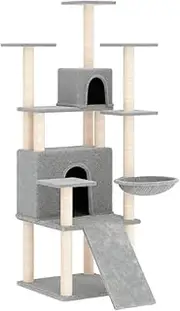 vidaXL Light Grey Cat Tree with Two Cozy Houses and Sisal Scratching Posts - 154 cm, Hammock and Ladder Included