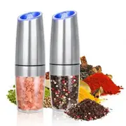 Gravity Electric Grinder set of 2,Automatic Pepper and Salt Mill Grinder with Blue LED LIGHT,Electric Pepper Mill with Adjustable Coarseness,Refillable (Silver,2 Pack)