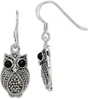 [JewelryWeb] 925 Sterling Silver Artisan Oxidized Marcasite and Black Agate Owl Shepherd Hook Earrings 32x11mm Wide Stud Earring for Women