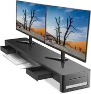 Meatanty 2 in 1 Dual Monitor Stand Riser with 2 Drawers and 4 USB Ports,Metal Co