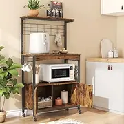 Bestier Bakers Racks with Storage Cabinet, Height-Adjustable 45" to 55" Microwave Stand for Kitchen with Wheels & Feet, Industrial Rolling Coffee Bar Shelf with 10 S-Hooks Rustic Brown