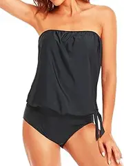 [Holipick] Two Piece Bandeau Tankini Swimsuits for Women Strapless Bathing Suits Blouson Swim Top with Bikini Bottoms Teen Girl