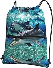 EdWal Dolphins Print Drawstring Backpack Gym Bags Sports Bags With Zipper Pocket For Travel Beach, Black, One Size
