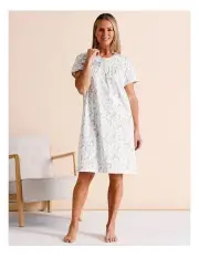 Soho Timeless Knit Short Sleeve Pintuck Nightie in Ditsy Floral White