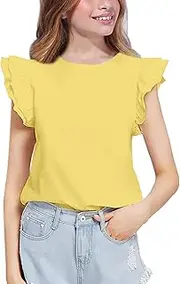 [Kilymosy] Girls White Shirt Short Sleeve Summer Casual Flutter Tops Tee Blouse 5-14 Years