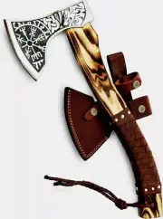 Viking axe Custom Handmade Corban Steel Rose Wood Handle With Leather Sheath . A