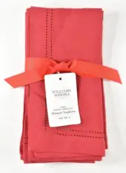 Williams Sonoma LINEN DOUBLE HEMSTITCH Cloth Dinner Napkins Set of 4 Red NEW