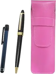 Pink Grain Leather Pen Case, Metal Touch Stick, Blue and Neo D-600 Ballpoint Pen Set, Black, SASP-ALL-600B-B