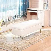Velvet Storage Ottoman, Modern Rectangular Plush Storage Bench, Tufted Footstool, End of Bed Bench Settee for Entryway Living Room - White, 60x40x43cm (24x16x17inch)