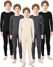 [Silkfly] 5 Set Boys Thermal Underwear Soft Fleece Lined Long Johns Kids Base Layer Top Bottom Warm Set for Winter Skiing