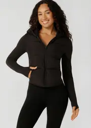 [Lorna Jane] Warm Up Thermal Combo Puffer Jacket in Black, Polyester, Size - Small S Black