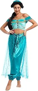 [MISI CHAO] Belly Dance Princess Jasmine Costume - Aladdin Halloween Outfit Princess Costumes Teal for Women