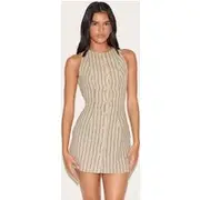 Stone Pinstripe Button Down Shift Dress, Stone