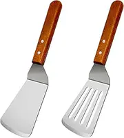KLAQQED 2Pcs Metal Spatulas Set, Metal Spatula for Cast Iron Skillet, Cooking Utensils Fish Egg Grill Spatula Stainless Steel Slotted Spatula, Wok Flat Top Small Metal Spatula Turner with Wood Handle