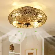 Flush Mount Ceiling Fans with Lights and Remote, Rattan Low Profile Ceiling Fan