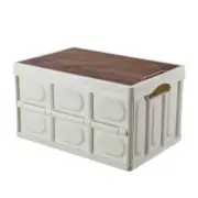 30L White Foldable Storage Box with Wooden Lid - Multifunctional Car Organizer,