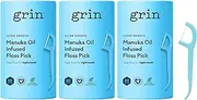Grin Ultra Smooth Adults Floss Picks, 80 Count Canister (Pack of 3), Manuka Oil Infused Floss, Natural Mint Flavor, 100% Recycled Plastic Handle