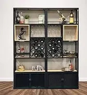 Home Bar Modern Wine Rack Cabinet with Glass Storage, Black Metal Frame, Wood Shelves, Bar Display Unit