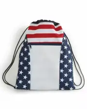 Americana Drawstring Bag Front Zipper Pocket Red/ White/ Blue Reusable Backpack