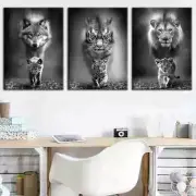 3pcs Black and White Artistic Beast - Wolf, Tiger And Lion Canvas Unframed