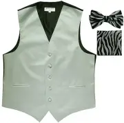 New Men's Formal Vest Tuxedo Waistcoat silver ZEBRA Bowtie & Hankie set wedding