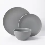 Cadence & Co. Maze 12-Piece Ribbed Dinner Set Matte Glaze Grey & White 4 person