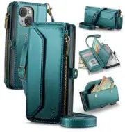 Crossbody Wallet Case Compatible with RFID Blocking iPhone 15 Plus Blue Green