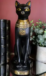Black And Gold Egyptian Goddess Bastet Cat Sitting Figurine 9"H Decor Statue