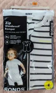 BONDS Wondersuit Zip Romper Short Sleeve Short Leg, White & Black stripes New