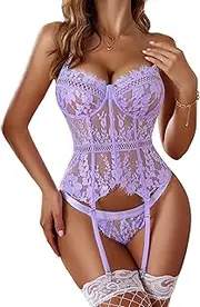 [Avidlove] Lingerie for Women 4 Piece Floral Lace Garter Lingerie Set Underwire Bra and Panty Set