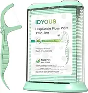 IDYOUS Mint Toothpicks and Automatic Pop-Up Floss Dispenser, Portable Floss Box with 100 Double Line Floss Sticks, Suitable Home Use or Travel Floss Picks(Green)