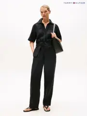 Tommy Hilfiger Black Linen Blend Belted Short Sleeve Jumpsuit (H53122) | $531