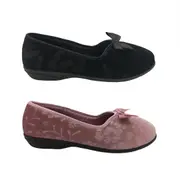 Grosby Gracie Ladies Slippers Slip On Soft Floral Pattern Velour Bow Lined