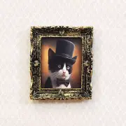 Miniature Tuxedo Cat Profile Framed Print with Top Hat Bow Tie 1:12 Scale
