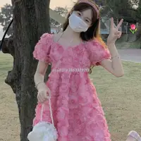 在飛比找蝦皮購物優惠-SEOUL花仙子甜美泡泡袖V領洋裝粉色洋裝立體玫瑰花洋裝甜美