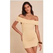 Buttercream Modal Ruched Drape Bardot Mini Dress, Butter Cream..