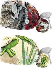 [YTYVAGT] 2-Pc,Nurse Scrub Caps,Scrub Hats with Buttons and Cotton Sweatband,Fox Leaves Forest
