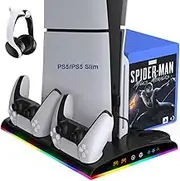 PS5/PS5 Slim Stand with 3 Levels Fan and RGB Light, PS5 Stand with 3 USB Ports/Controller Charging Station/Headset Holder/Remote Slot/13 Games Storage for PS5 PlayStation 5 Accessories